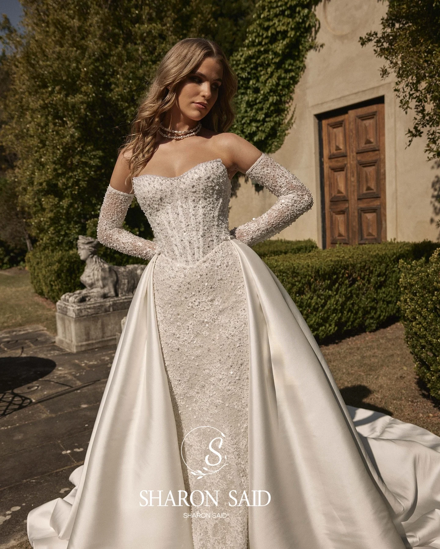 Sharon Said Abiti da sposa a sirena con perline Dubai di lusso di fascia alta 2025 con gonna oversize maniche lunghe Abiti da sposa SW060 Personalizzato
