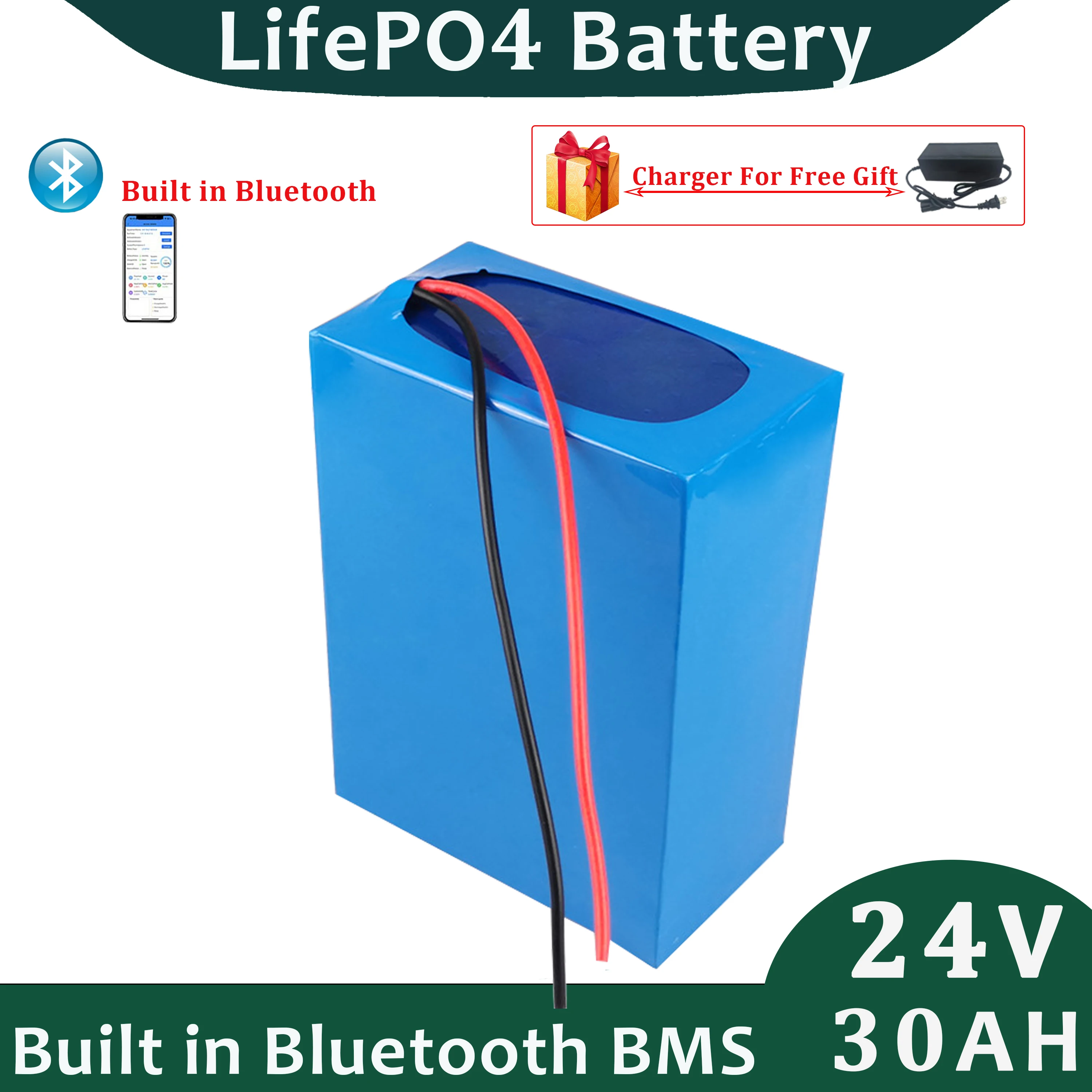 

LifePO4 Battery Pack 24v 30ah Built in 30A Bluetooth BMS For Solar Street Light Electric Scooter with 5A Charger