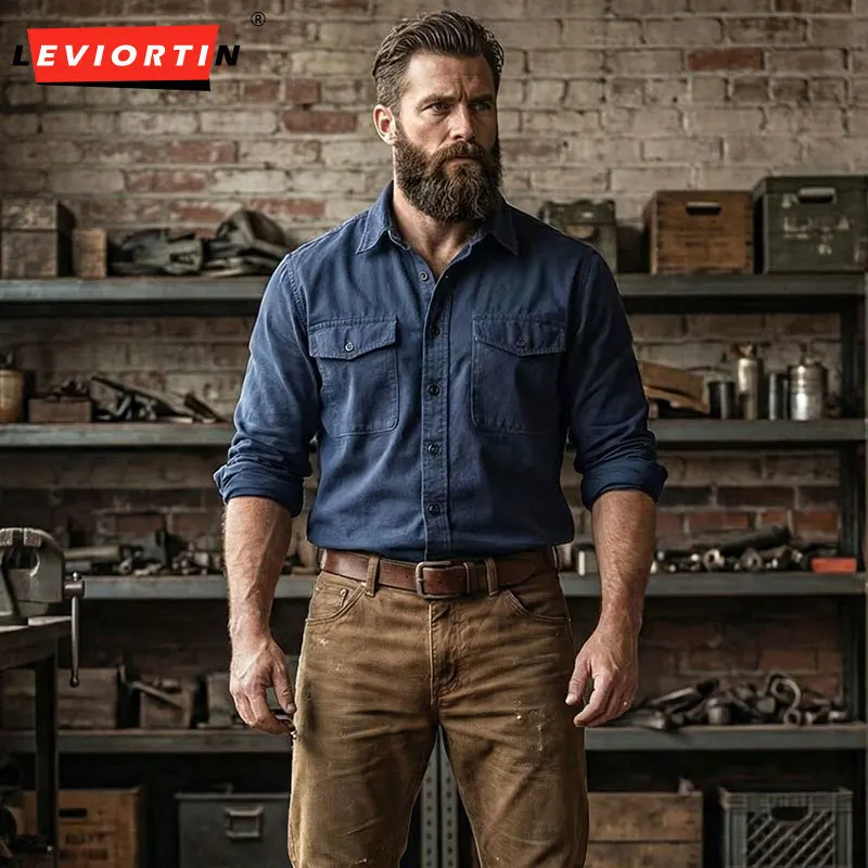 Men's Amekaji Japanese Retro Workwear Shirt Safari Style Canvas Cotton Long Sleeve Loose Fit Casual Shirts with Big Pockets