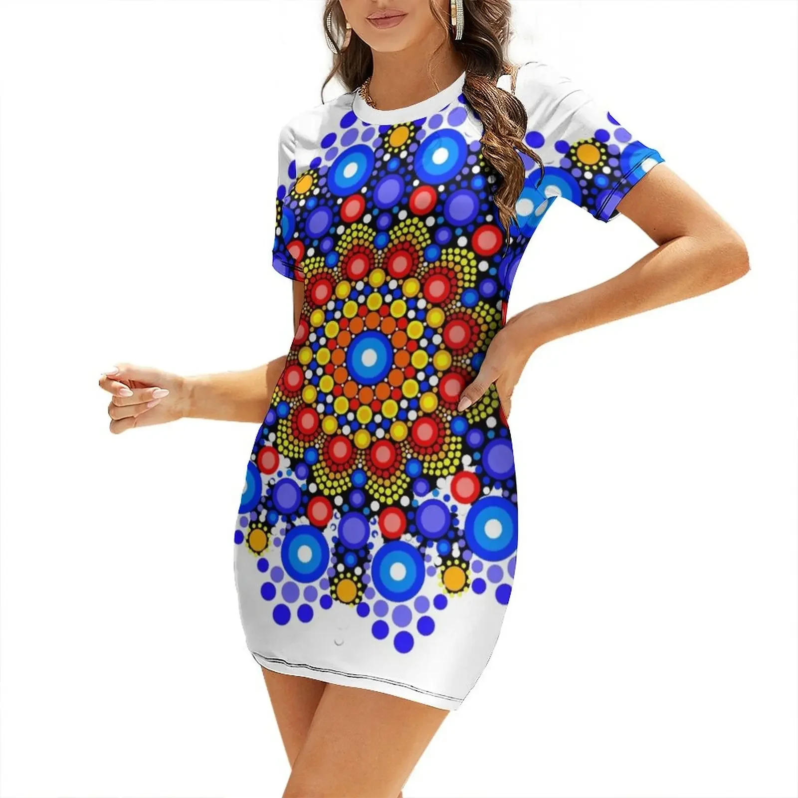 Blue and Orange Circles Pattern Short-Sleeved Dress Evening gown Dress