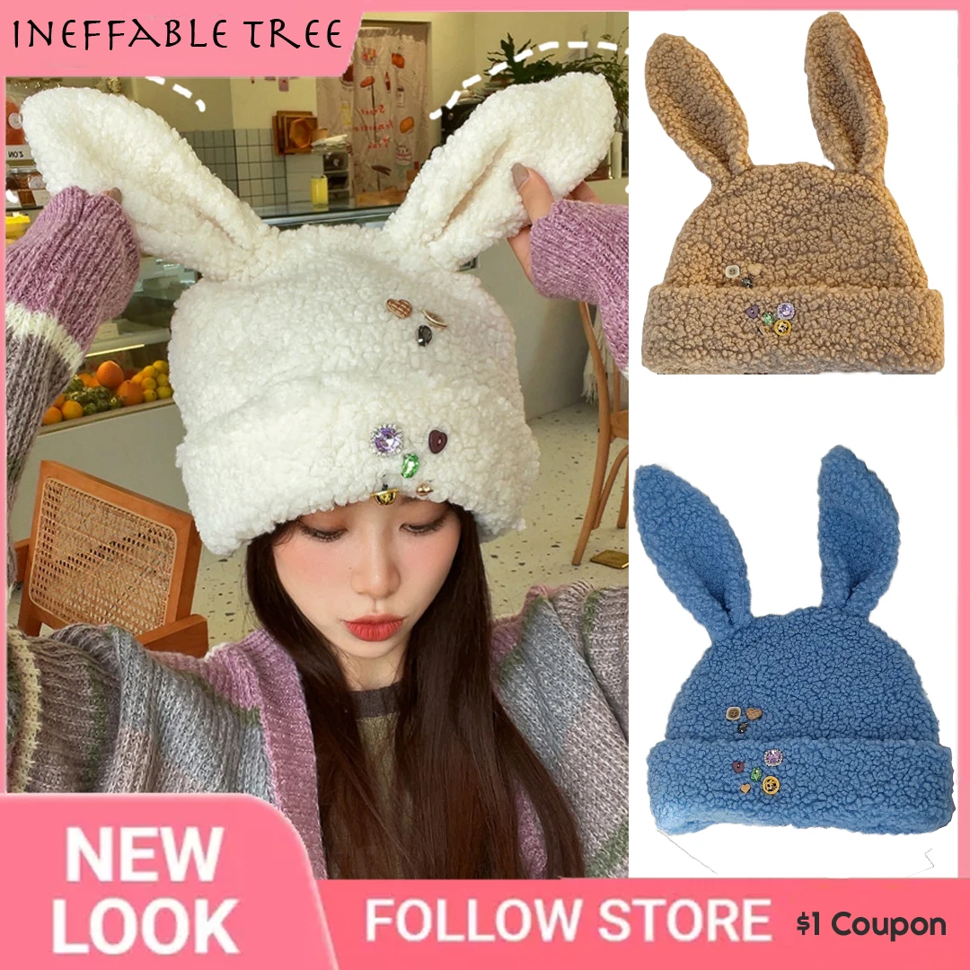 

Big Head Circumferen Hats for Women Beanie Rabbit Hat Cute Rabbit Ear Button Plush Winter Beanie Hat Decorate Gift шапка мужская