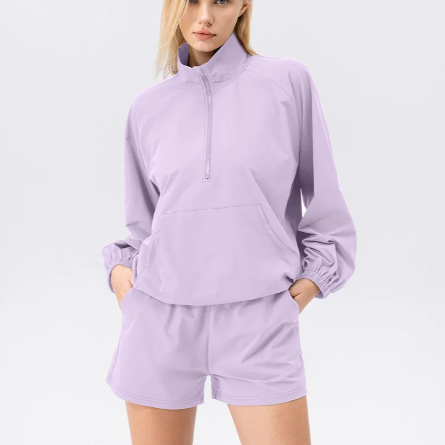 Autumn Women Quick Dry Fitness Outfits 2 Pieces Loose Stand Collar Zip Jacket Sweatshirt Running Shorts European American Casual