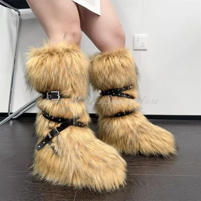 الشارع نمط الموضة الساخن الفرخ سميكة القاع الثلوج الأحذية حزام مشبك الدانتيل يصل الركبة الأحذية مختلط الألوان فو الفراء الأحذية النسائية الحديثة