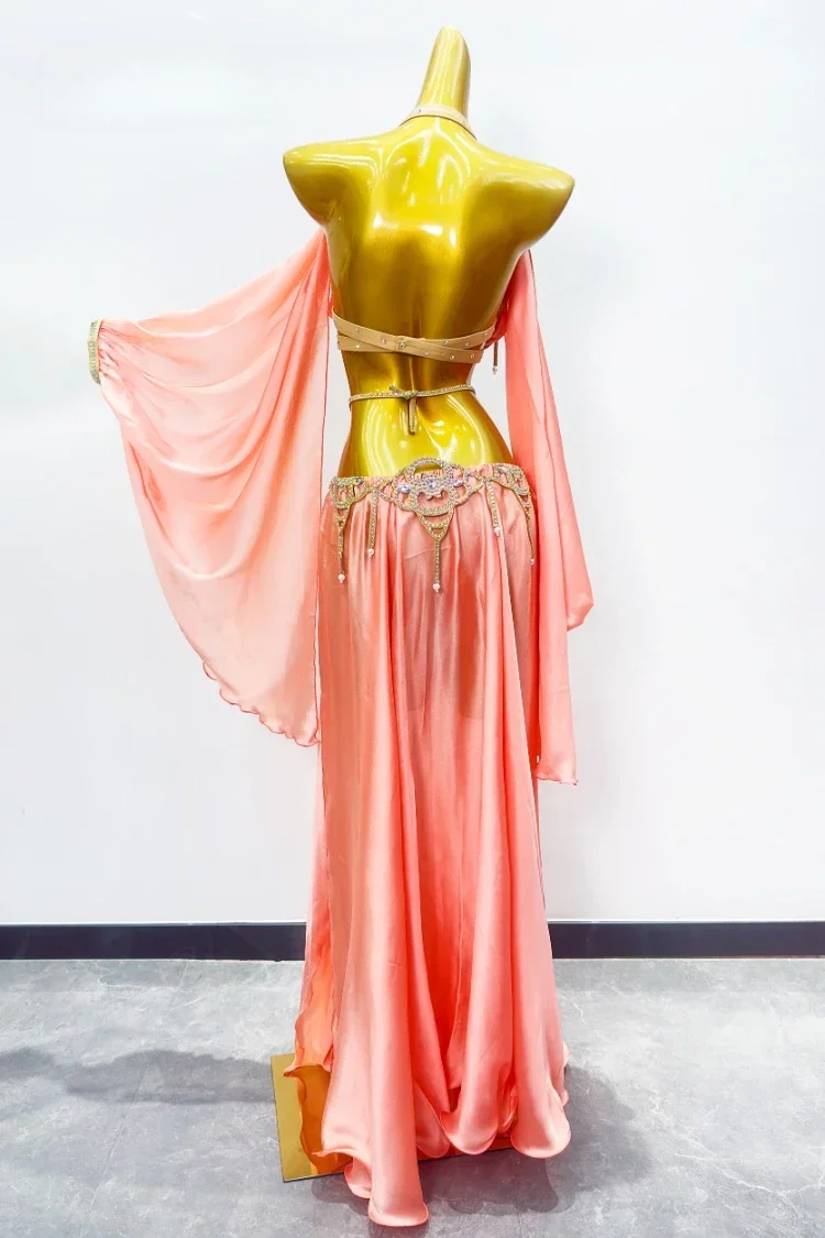Orientalisches Bauchtanzkostüm, 2-teilig, Damen, Satin-BH, langer Rock mit Schlitz, für Erwachsene, Größe M/L, Bühnenoutfit – Detail 5