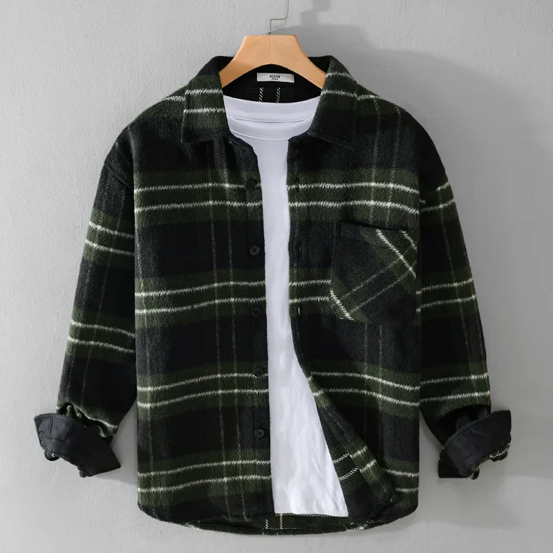 Autumn Winter New Polyester 100% Shirt Men\'s Thick Clothing Casual Plaid Loose Pocket Lapel Men Long Sleeve High Street Tops