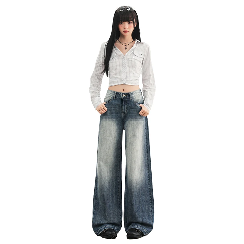 Fashion Korean High Street Street Style INS Straight Leg Slimming Versatile Wide Leg Floor Length Pants Jeans 2025