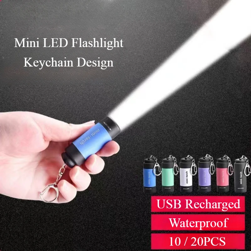 10/20pcs Mini Keychain Flashlight Portable USB Rechargeable LED Torch Pocket Light Waterproof Outdoor Camping Emergency Lighting