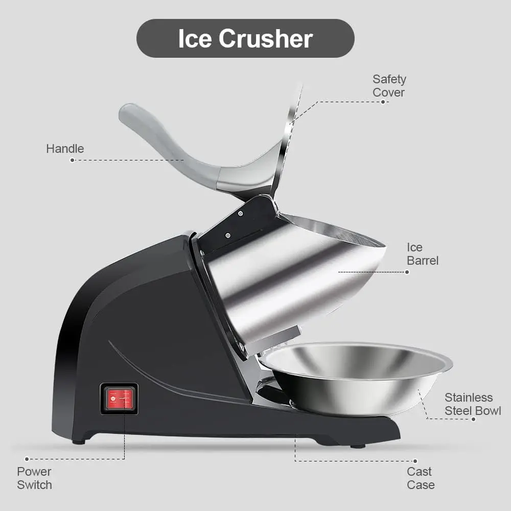 Shaved Ice Machine 380W Snow Cone Maker, 3-Blade Ice Shaver, 280 lbs/hr Electric Ice Crusher, Splash Guard, for Home & Commercial Use, with Ice Pick