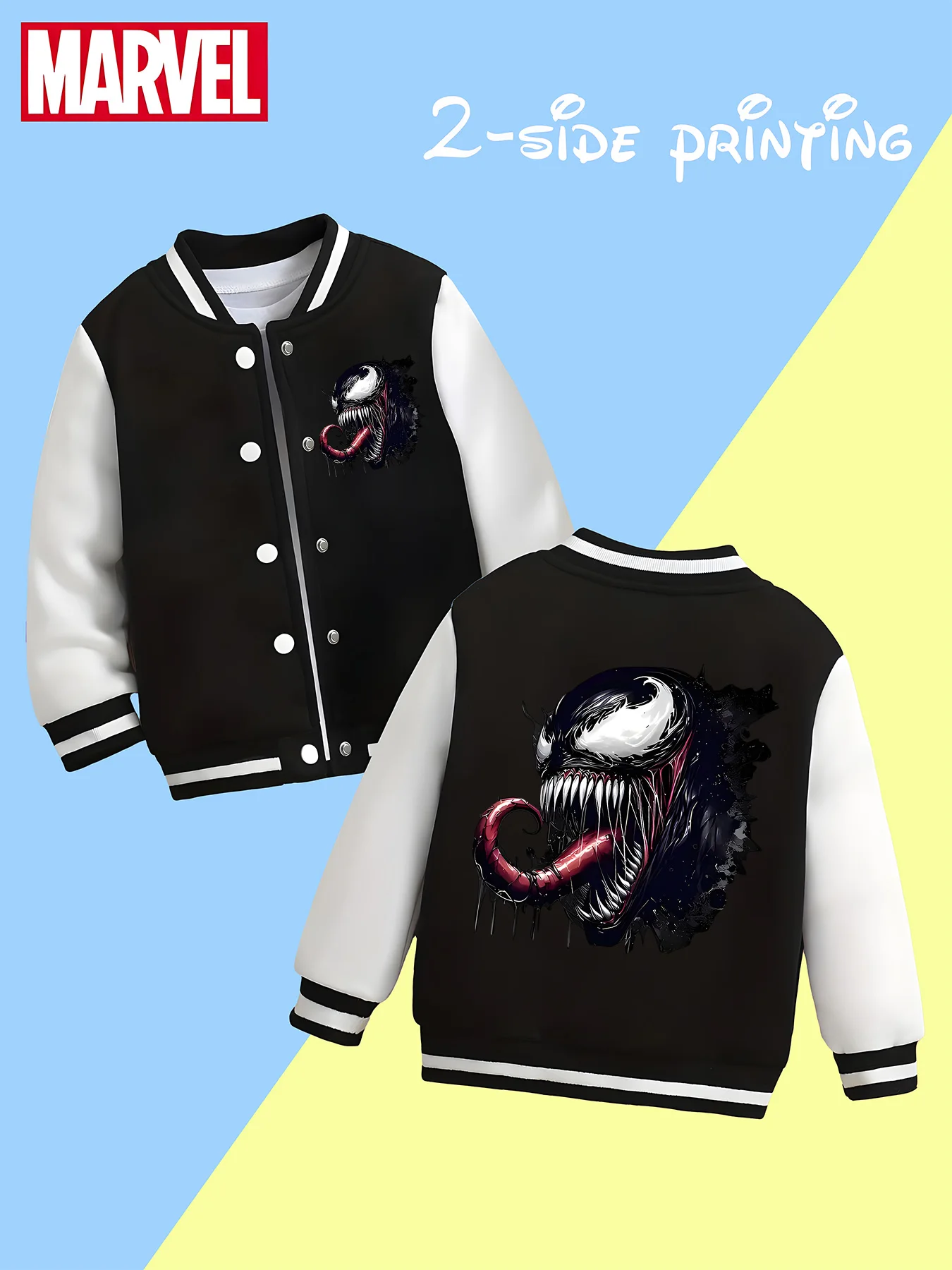 

MINISO Marvel Boys' Baseball Jacket - Cool Venom Double-sided Graphic, Soft Fabric