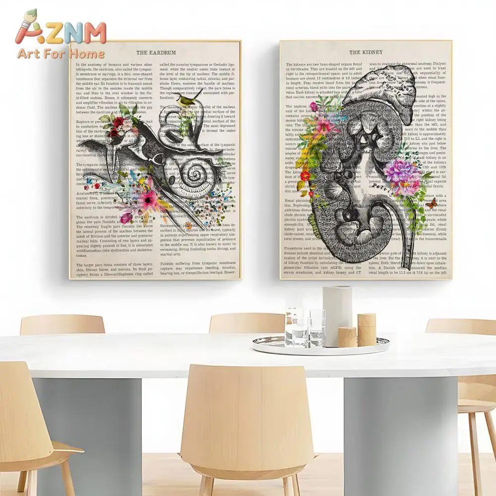 AZNM Vintage Anatomy Organ Floral Print Canvas Wall Art Human Kidney Ear Eye Tooth Lung Leg Hand Medical Science Decor Unframed