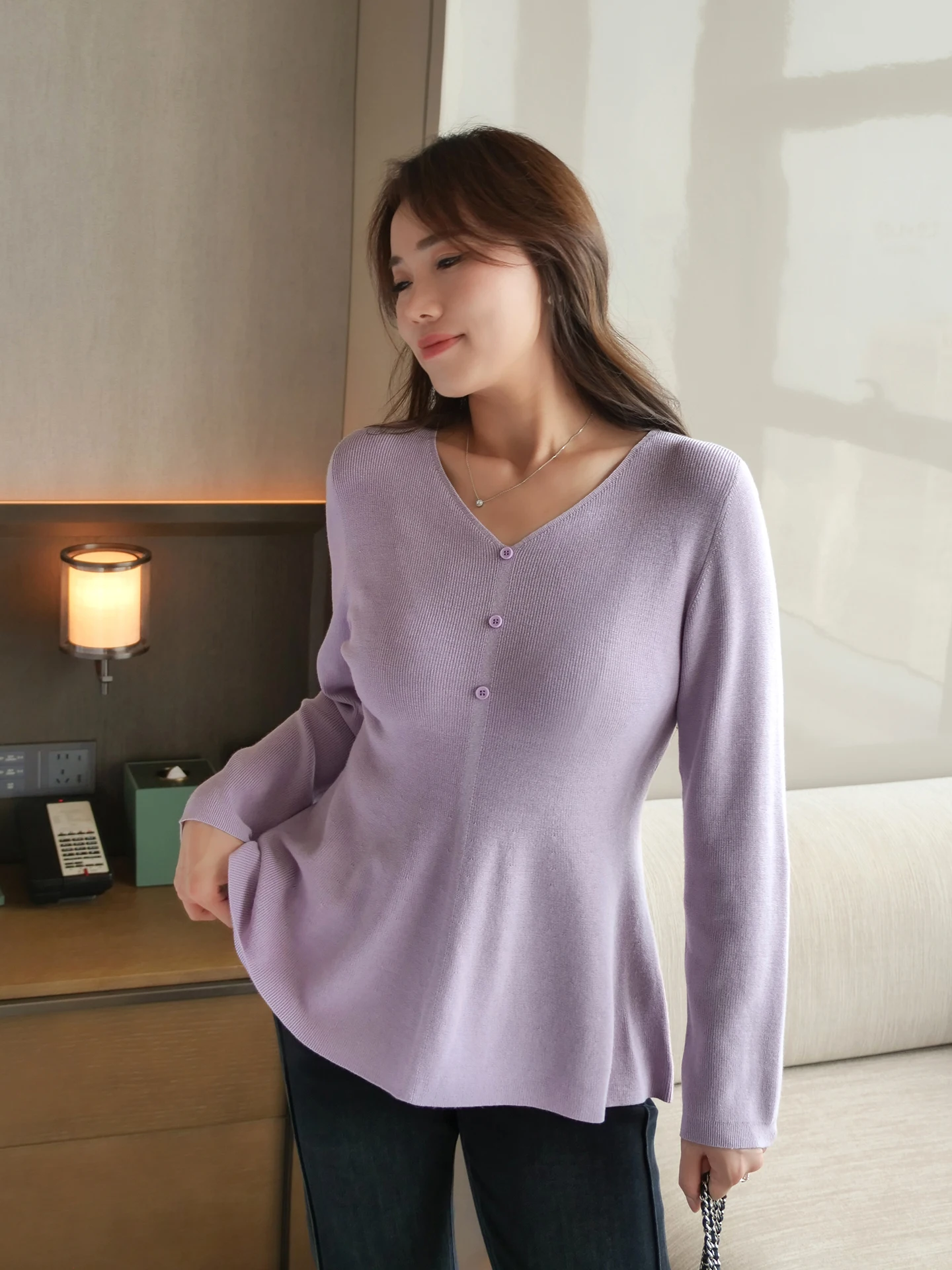 

ERINA Original plus Size Knitwear Highlight Waistline Soft Purple Women's Top Ele Simple Sle Long Sve V-Ne irt