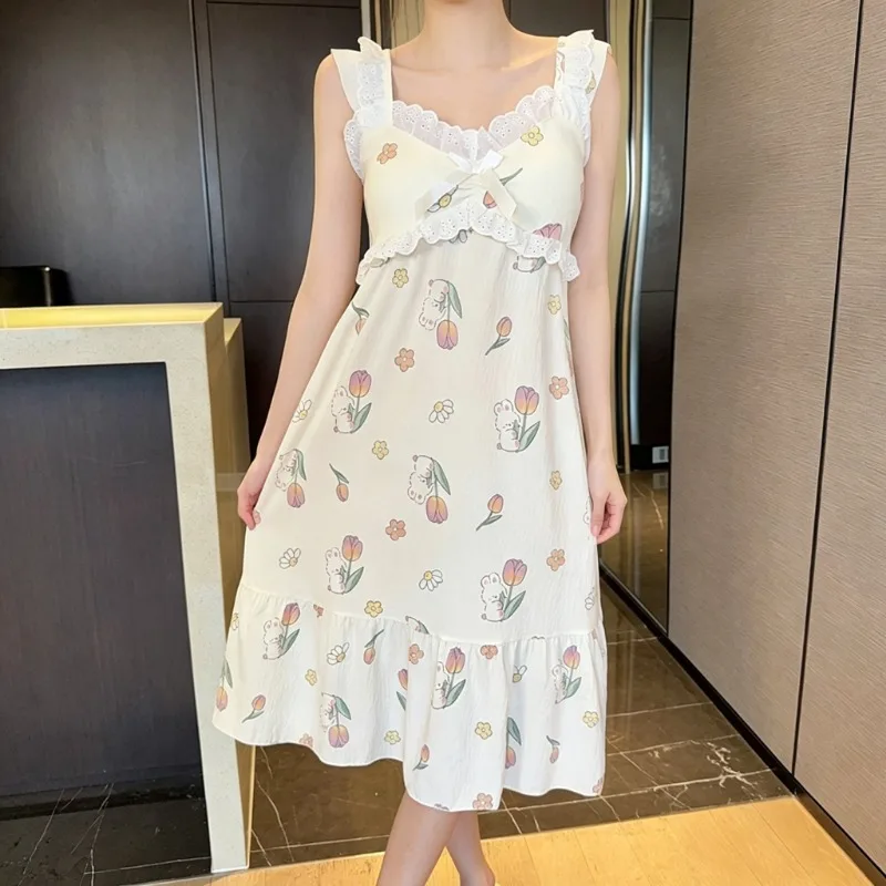 Women Camisole Nightgown Summer Printed Lace Trim Sleep Dress With Built-in Chest Pad Cute Sweet Ladies Daily Loungewear