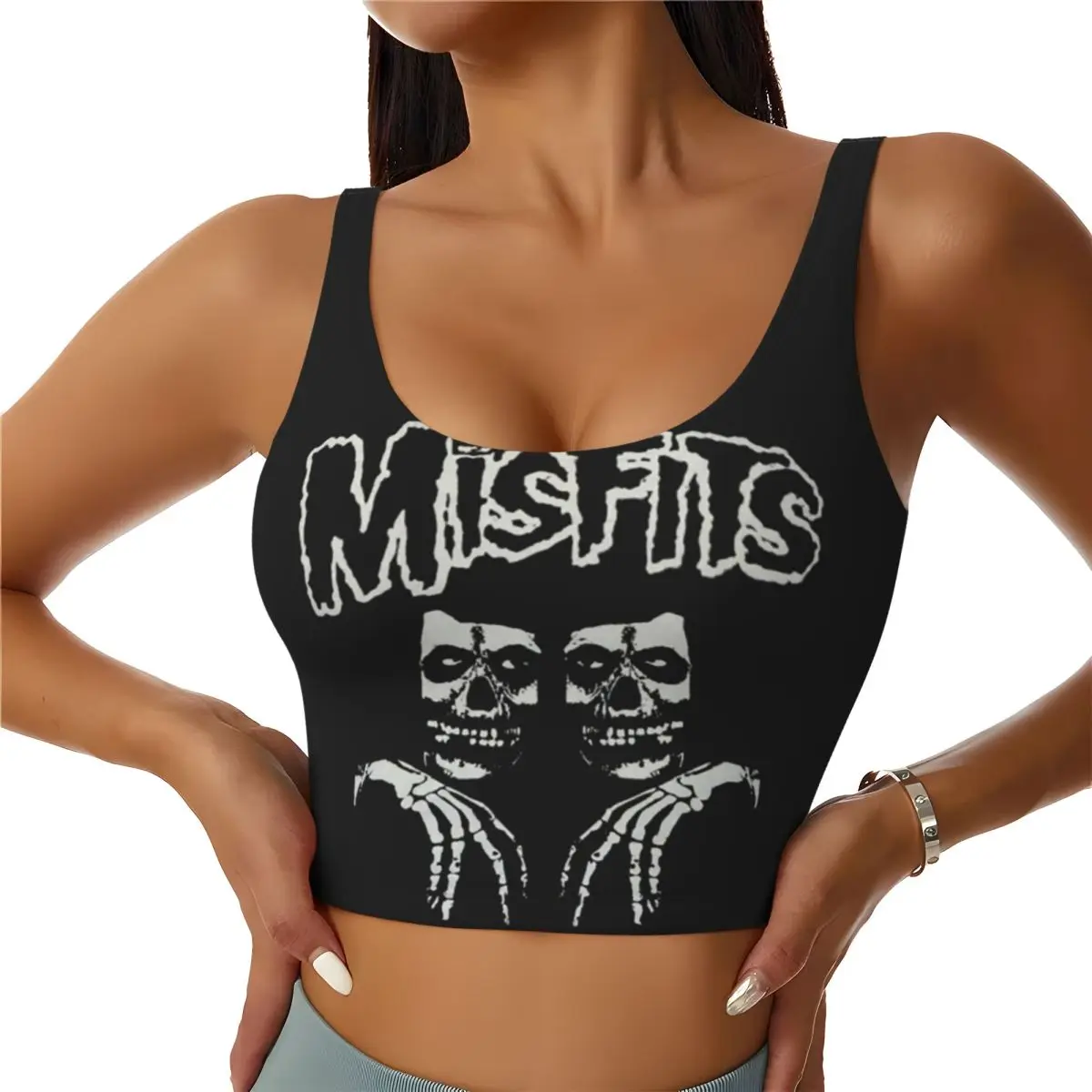 Custom Women's Misfits Horror Punk Rock Band Halloween Sports Bra High Impact Gym Workout Yoga Crop Tank Tops