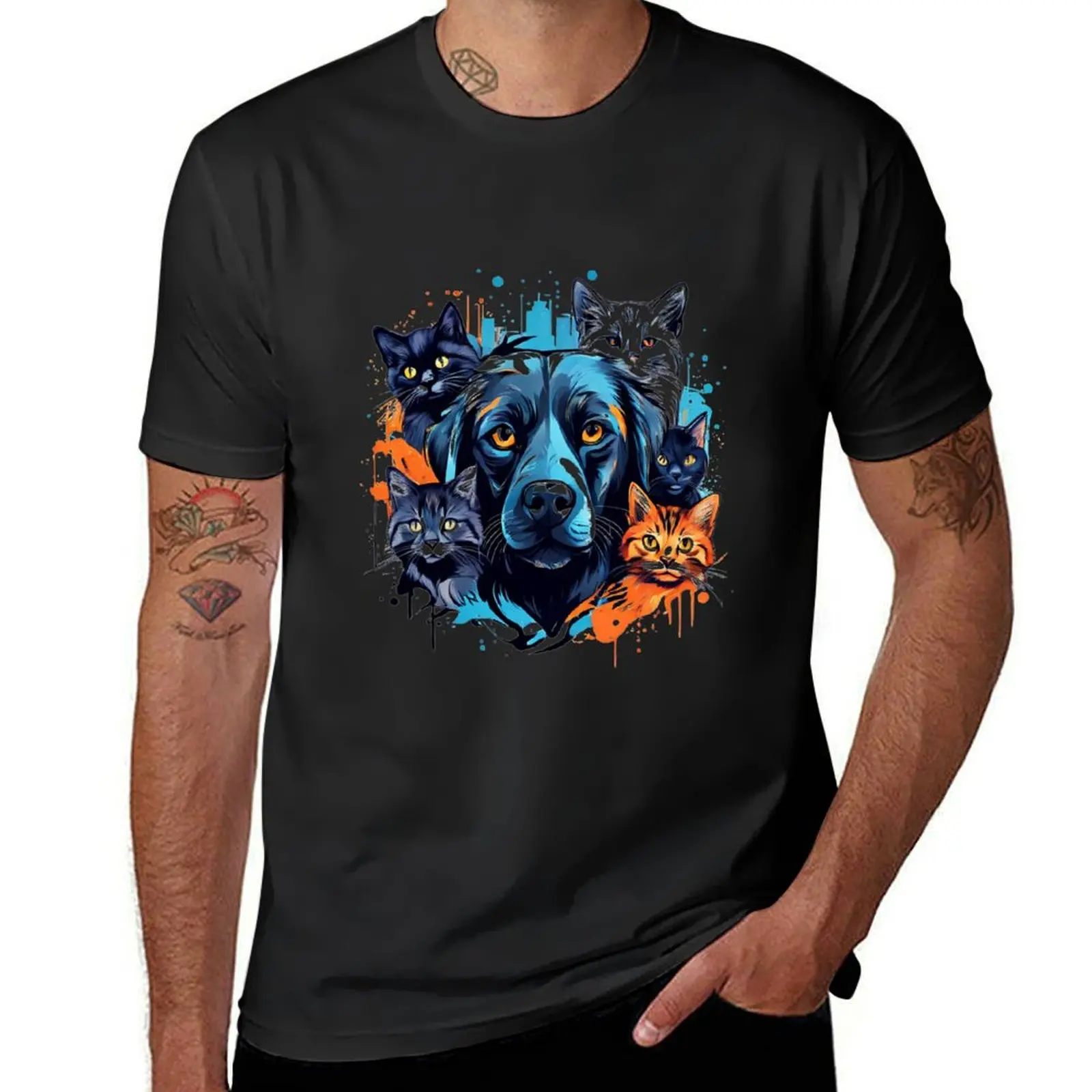 Street Pet Illustrations Of Cats And Dog. T-shirt anime clothes quick-drying graphics mens workout shirts