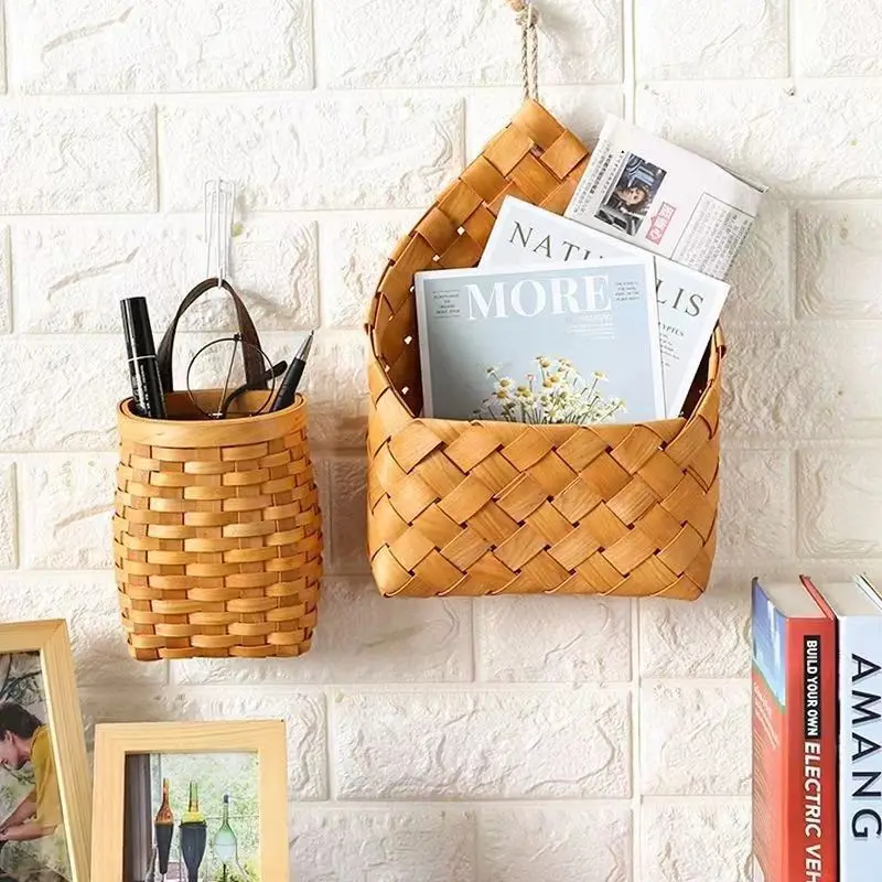 1pcs Wall Mounted Woven Hanging Basket Home Storage and Decoration Flower Pot Indoor Wooden Flower Basket
