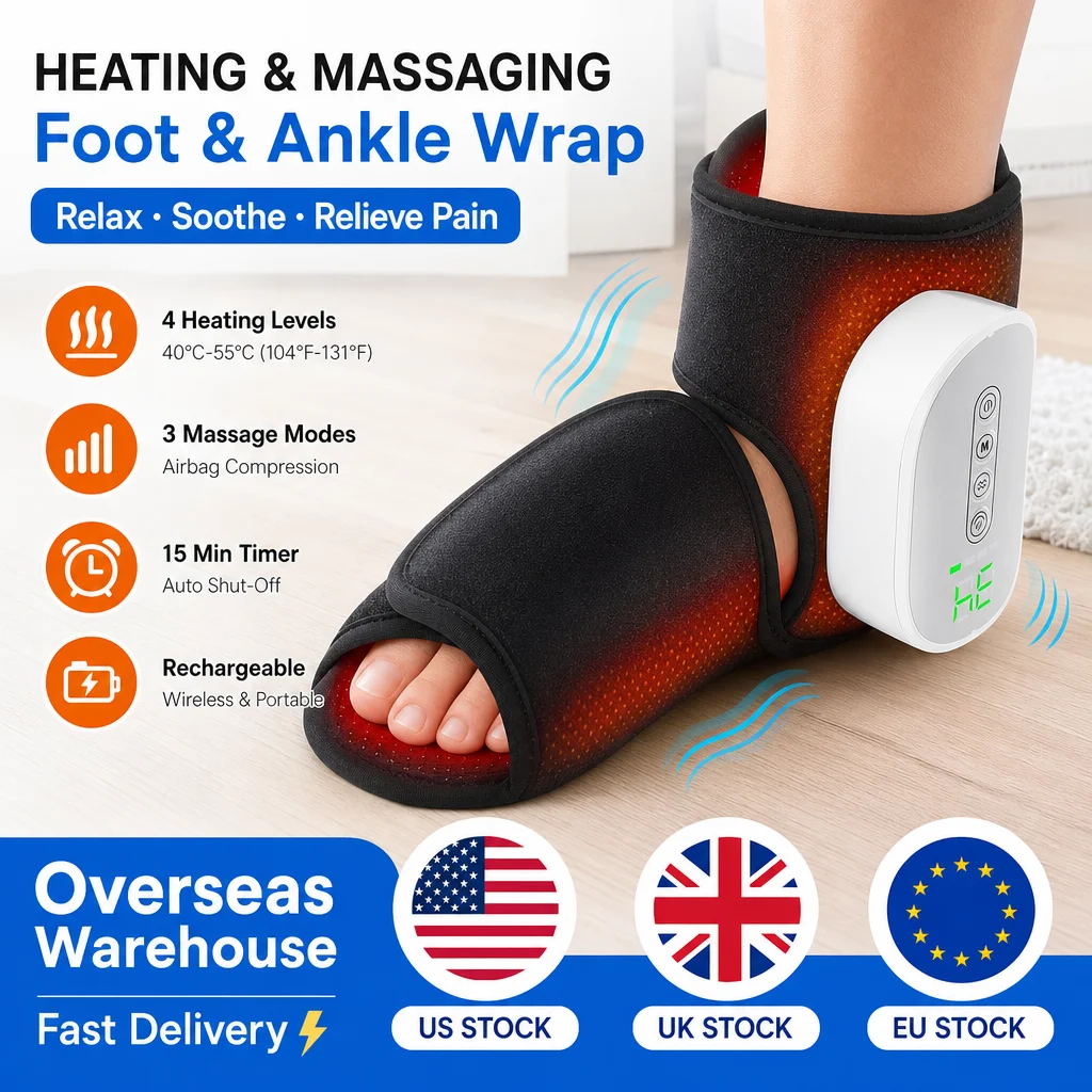 Electric Foot Ankle Massager with Heat, 4 Intensity Levels 3 Air Compression Modes, Rechargeable Massage Machine for Feet and Ankles