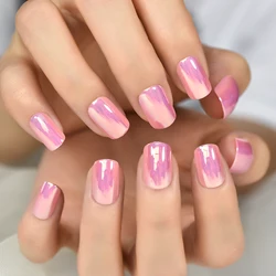 Short Pink Chrome Glossy Manicure Squoval Press On Nails Fake Nail Tips Manicure Full Cover Fake Nails Beauty Nails With Tabs