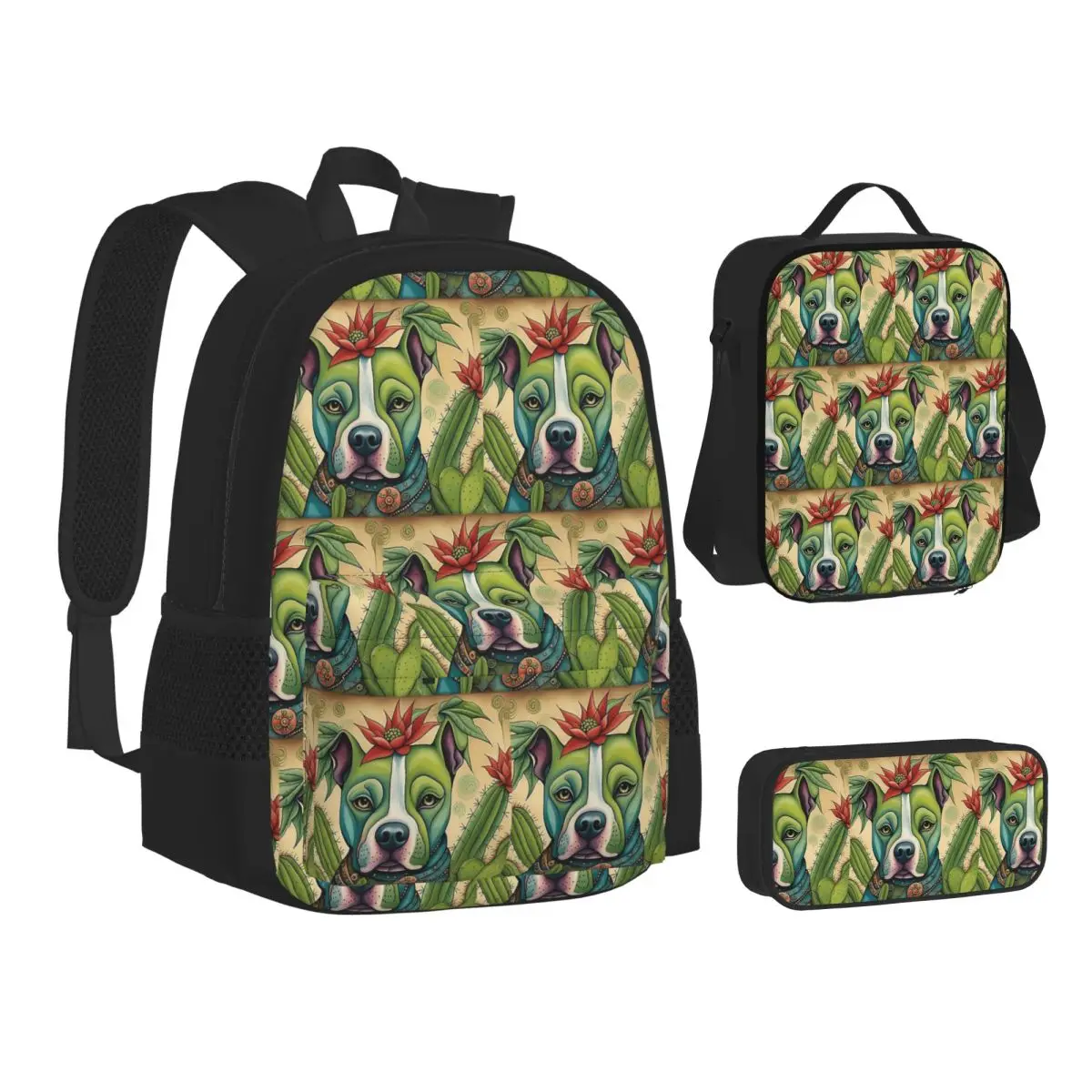 

Pit Bull Prickly Portraits Backpacks Students Bookbag School Bags Kids Rucksack Lunch Bag Pen Bag Three-Piece Set