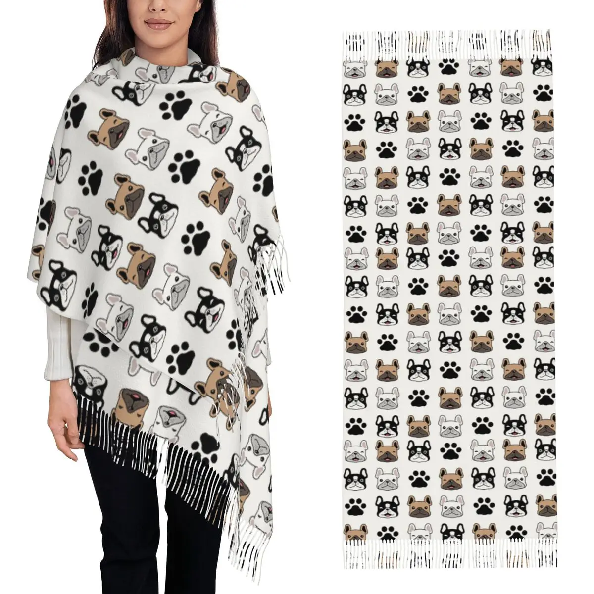 

Французский бульдог Frenchie Dog Lover Шарф Шарфы с кисточками для женщин Мягкие теплые шали и накидки Большая осенне-зимняя шаль