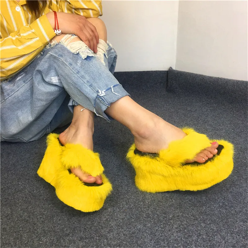 Green Rabbit Fur Women Slippers Platform Wedge Shoes Outside Slides Casual Flip Flops Summer 11CM High Heel Sandals Creepers