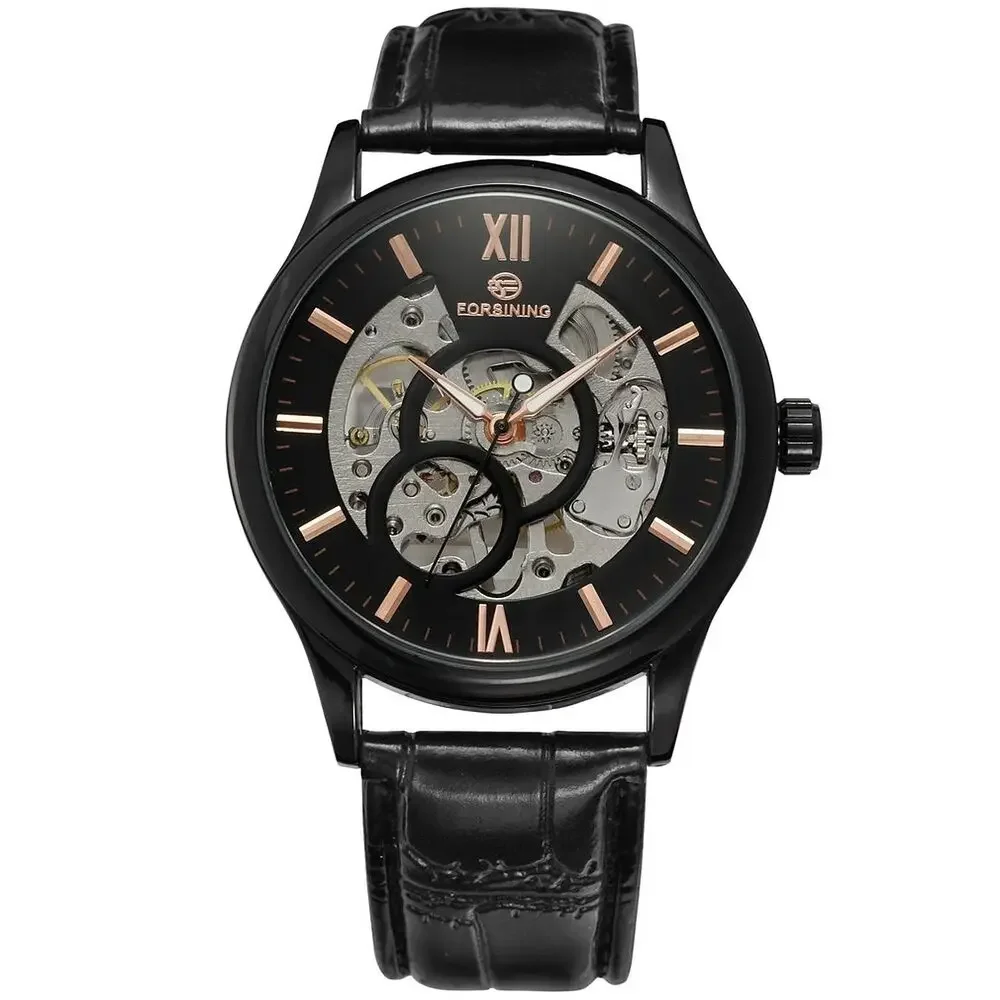 

Forsining Brand Mens Watch Hollow Hand-winding Mechanical Skeleton Luminous Hands Black Leather Strap Wristwatch