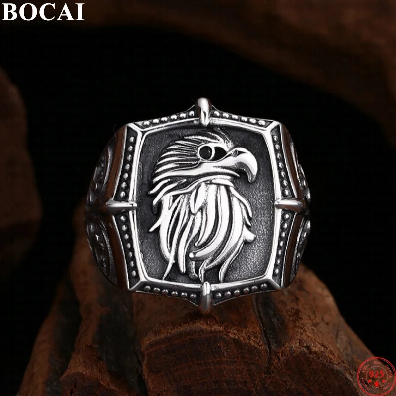 BOCAI S925 Sterling Silver Charms Rings for Men Retro Emboss Eagle Adjustable New Fashion Punk Jewelry ﻿Wholesale