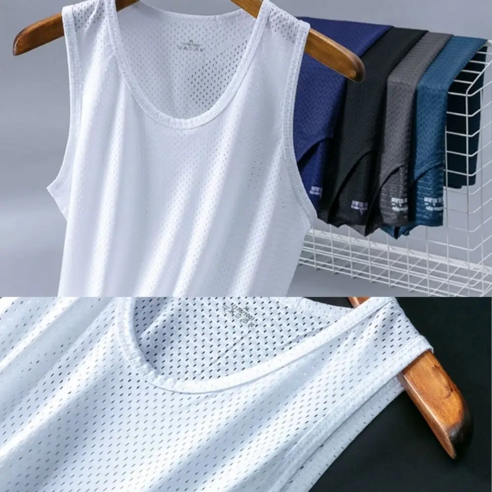 Camisa sin mangas de secado rápido para hombre, camisetas transpirables de seda de hielo para gimnasio, ropa deportiva para gimnasio, camiseta sin mangas con agujeros de malla, Verano