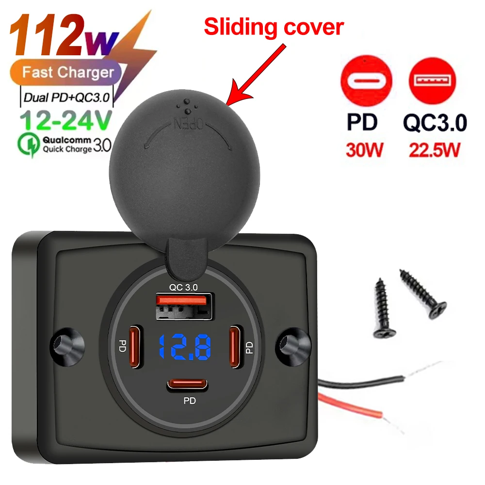 Wandmontierter Ladegerät-Adapter, 2–4 Ports, USB-Steckdose, QC 22,5 W PD 30 W Typ-C-Schnellladung, QC3.0-Panel, Bus, ATV, LKW