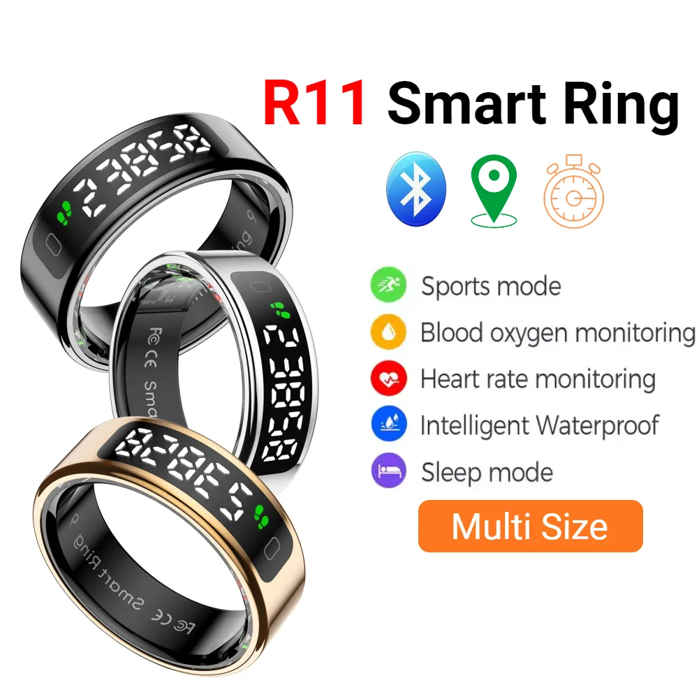 Anel inteligente R11 com tela sensível ao toque e gerenciador de saúde, carregamento sem fio, frequência cardíaca, monitor de oxigênio no sangue, anel para homens e mulheres