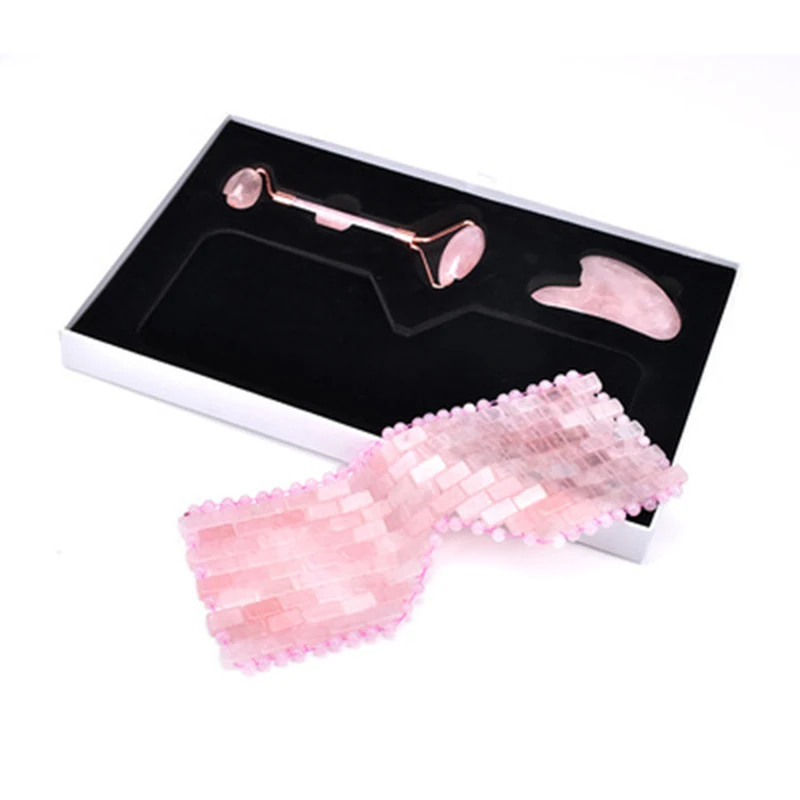 3Pcs Natural Jade Eye Mask Rose Quartz Jade Roller And Guasha Board Massager Set Cold therapy Scraper Skin Care With Box