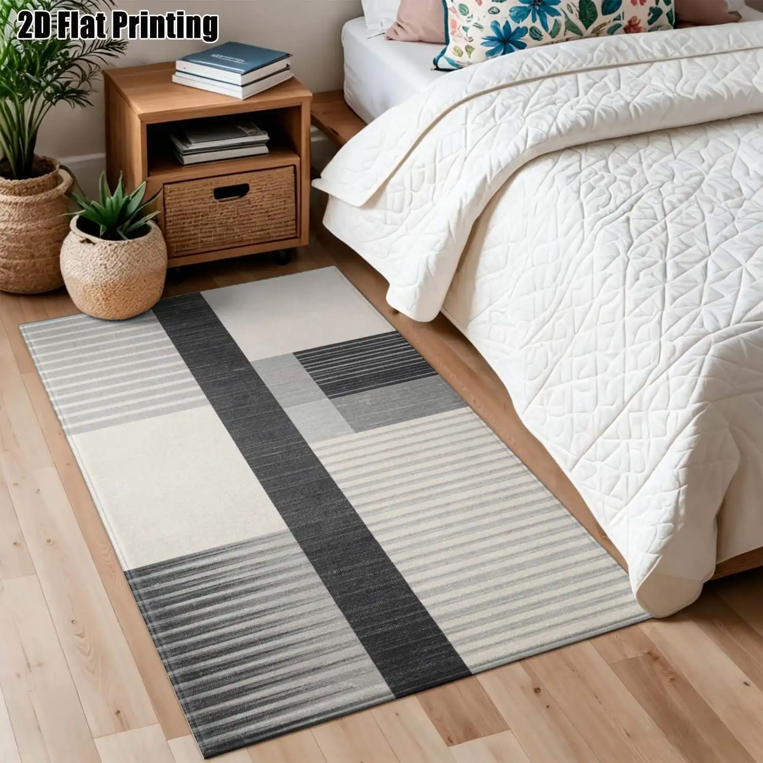 1Pc 2D Printed Geometric Stripe Carpet, Black White Gray, Modern Minimalist, Instagram Decor, Multi-Size Machine Washable, for Entryway Dining Bedroom Study Living Room