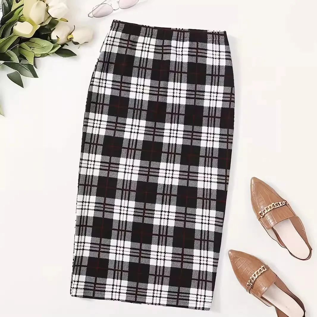 Saia midi xadrez de cintura alta feminina, ajuste fino na altura do joelho, estilo europeu americano para moda plus size