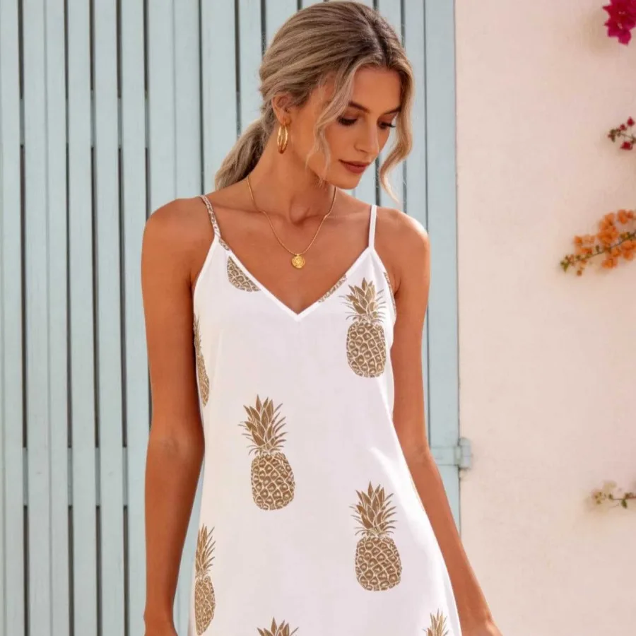 【Nuevo estilo】Vestido con tirantes y estampado de piña blanca, estilo verano 2026, falda corta con cuello en V y corte en A para mujer, estilo vacacional