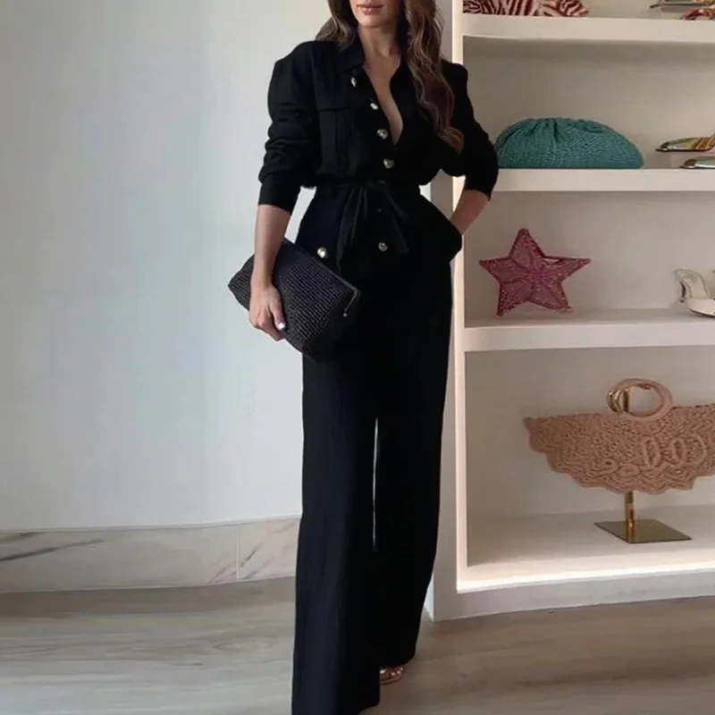 

Ретро однотонные свободные длинные брюки, комплект из 2 предметов, новинка 2025 года, осенний темпераментный наряд для вечеринки, офисный женский костюм-рубашка с длинными рукавами и лацканами
