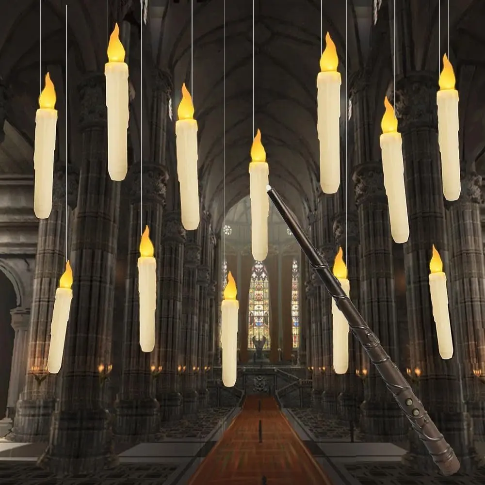 Cordless Flickering Candles Light with Magic Wand Plastic Night Light Halloween Prop ‎Portable Flameless Candles Theme Party