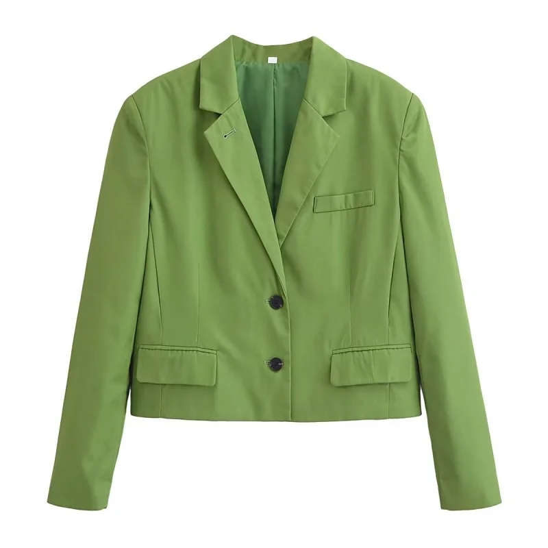 Women Green Cropped Blazer Jacket Long Sleeves Single Breasted for Office Lady High Street Short Coat Outerwear