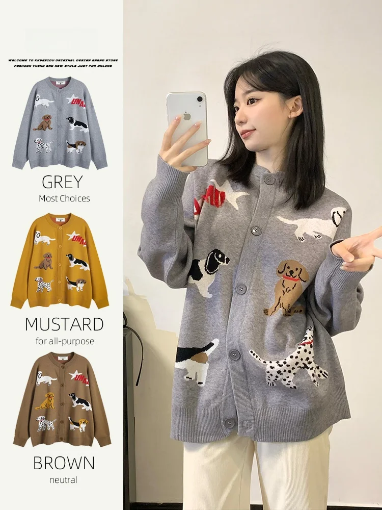 

KKyesiou Japanese Sle Casual College Dog Knitted Open Cardigan Oversize Sweater V-ne Y2K Jaet for Men And Women