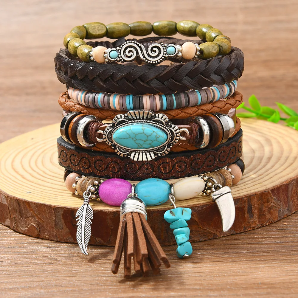 Boho Layered Woven Charm Bracelet Set Tribal Style Tassel Feather Pendant Stackable Wristwear Jewelry For Women