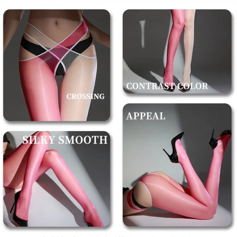 

2PCS/SET Contrast Color Separate Stockings Women Sexy Cross Crotchless Pantyhose 1D Aurora Shiny Transparent Pole Dance Clubwear