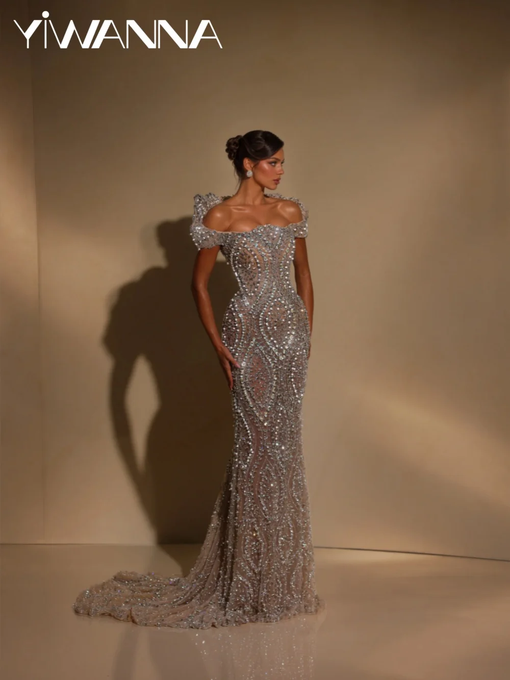Glamorous Rhinestones Wedding Dress Dreamy Off Shoulder Wedding Party Gown Customized Luxurious Mermaid Long Pageant Gowns