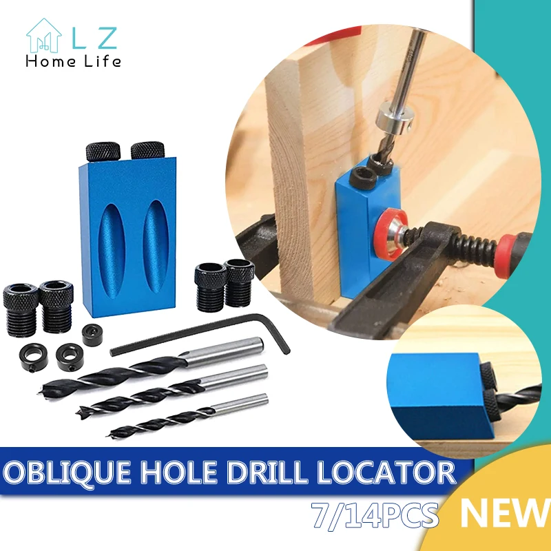 7/14pcs Blue Woodworking Oblique Hole Locator 7pc Drilling Regulator 15 ° Limit Three-point Woodworking Drill Tool Set