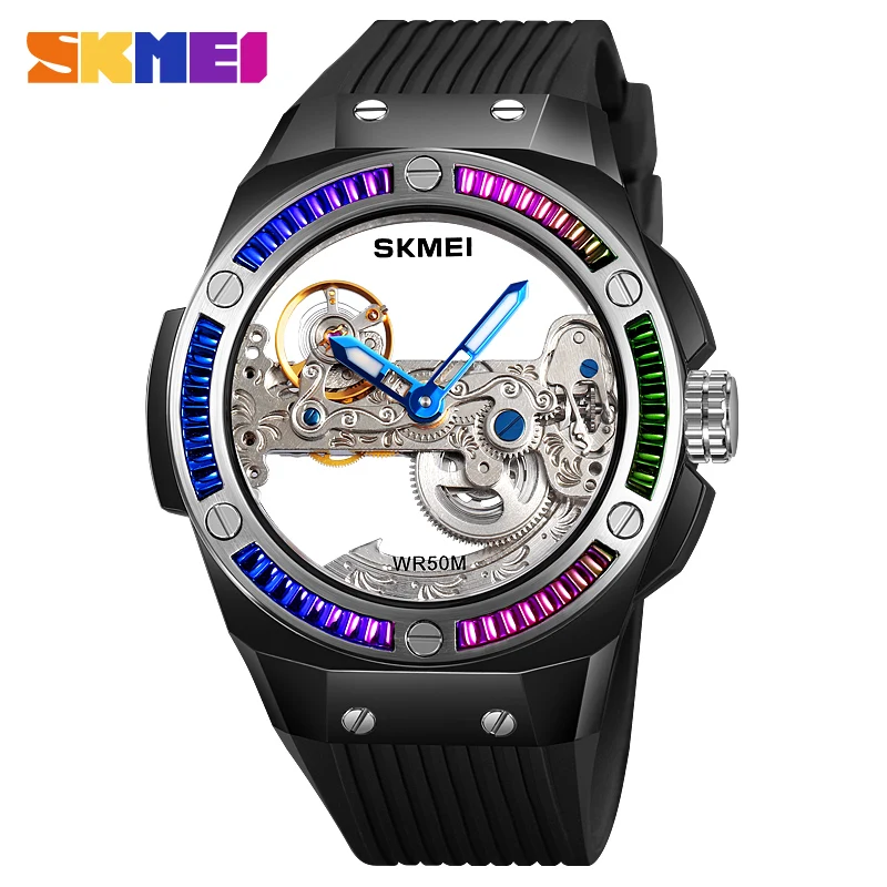 SKMEI Men's Mechanical Automatic Watch Man Watch Silicone Band Skeletonized Waterproof Mechanical Watch Tourbillon Wristwatch