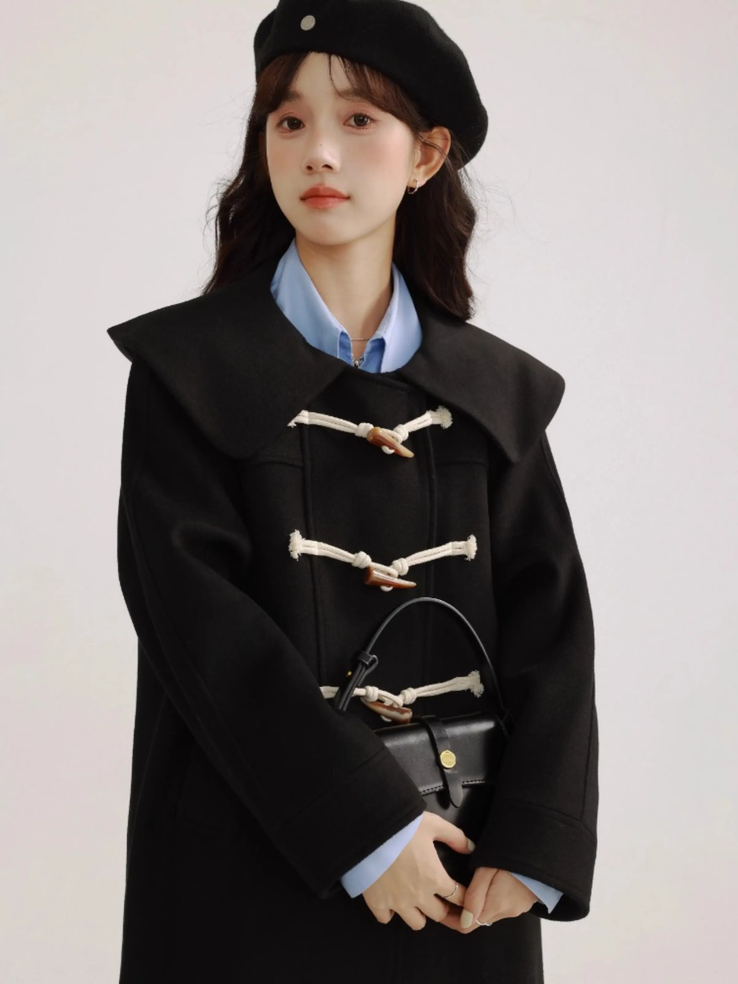 Elegant Woolen Toggle Coat Women Winter Long Overcoat with Lapel Korean Style Black Duffle Jacket for School Work Casual Look