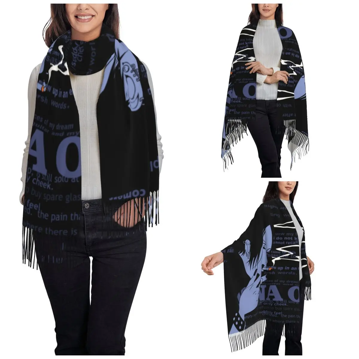 وشاح نسائي مع شرابة نانا أوساكي أنيمي الأحجار السوداء الشرير مانغا (3) طويل ناعم دافئ شال التفاف الهدايا أوشحة الباشمينا