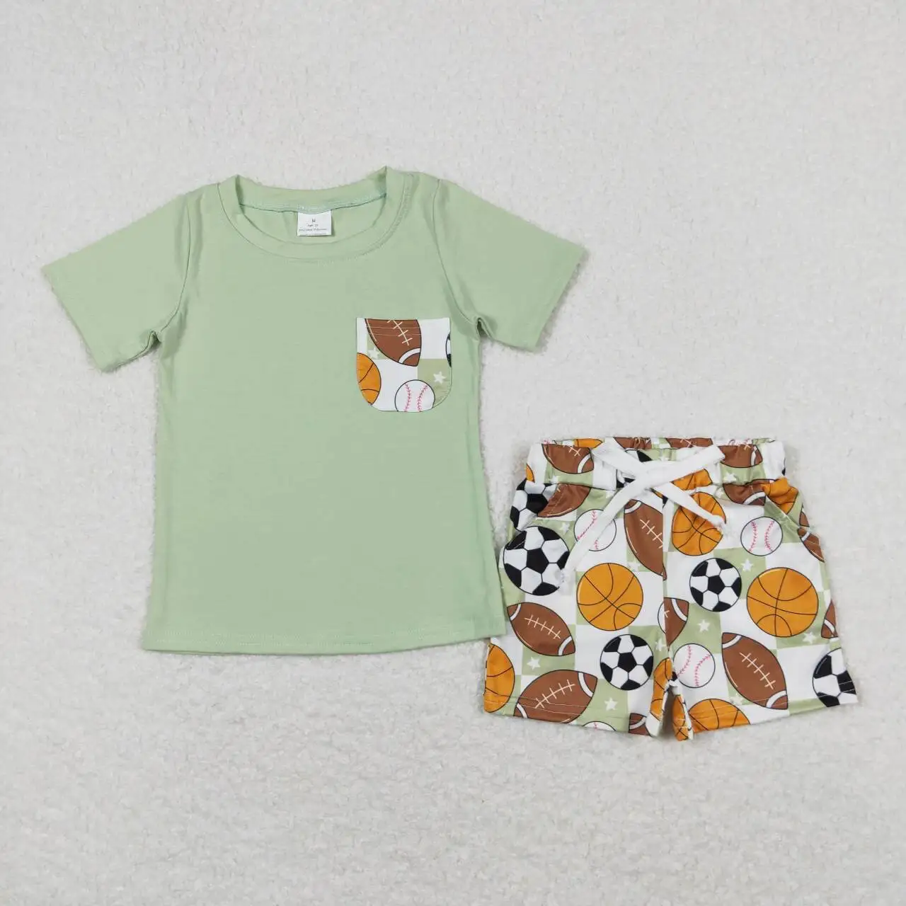 

BSSO0694 Green cotton short sleeves with pocket basketball and football print shorts children clothing boy sets