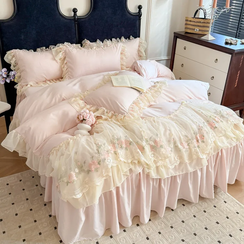 

Korean princess style pure cotton bed skirt four-piece girl heart lace quilt cover bed sheet mattress model