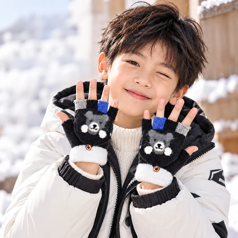 Children's Half-Finger Flip-Up Winter Warm Plush Gloves for Elementary School Students, Girls and Boys, Fingerless Gloves