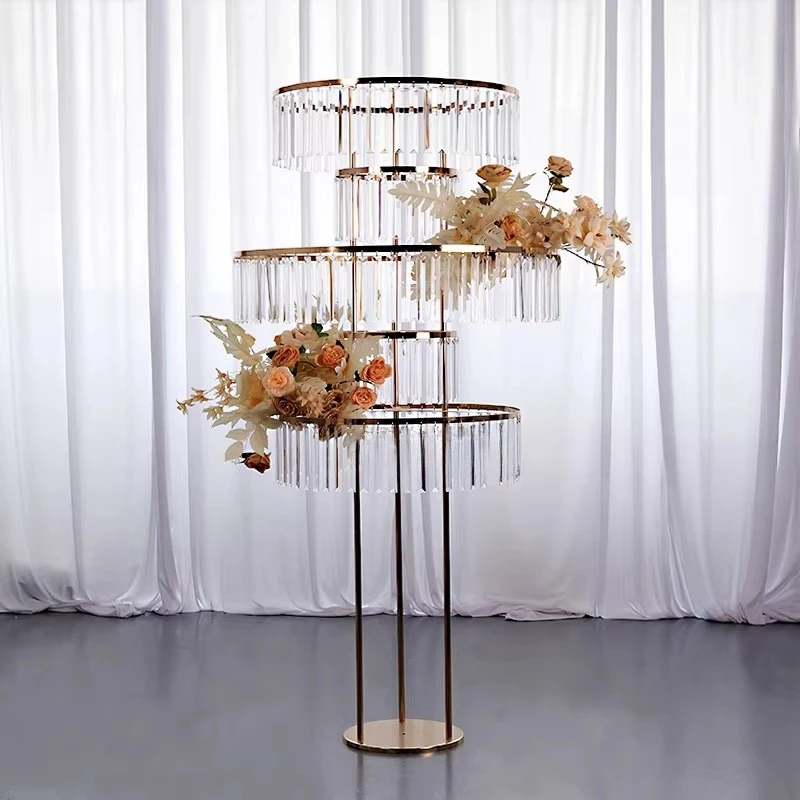 New gold electroplated road guide wedding decoration supplies, five-layer crystal wrought iron flower stand