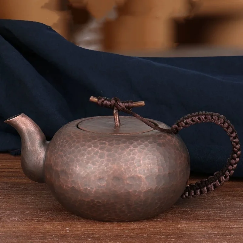Vintage Pure Copper Coffee Pot,Hammer Texture Weave Portable 450ml Heat Resistant Filter Kettle,Handcrafted Ellipse Shape Teapot