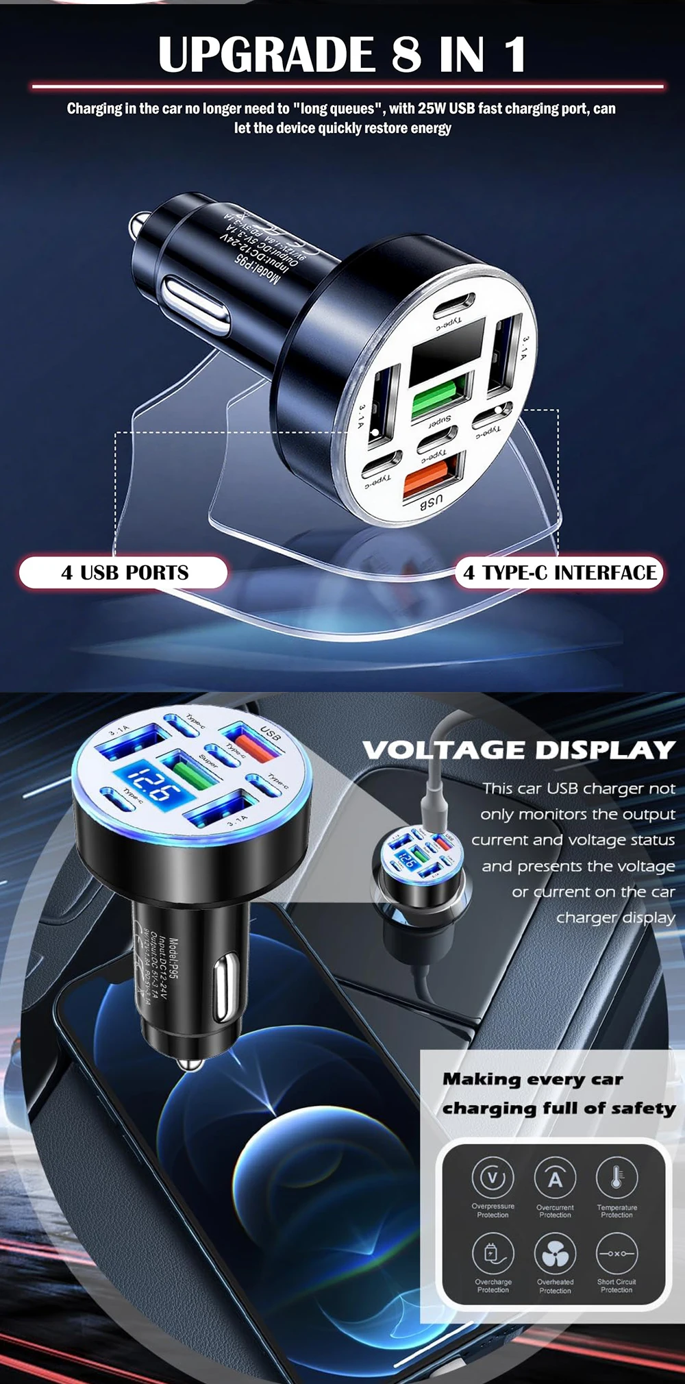 UYUXIO Multi Port USB C Car Charger Adapter 8 in 1 with Voltage Display Iight QC 4.0 PPS Super Fast Charge with Volt Meter